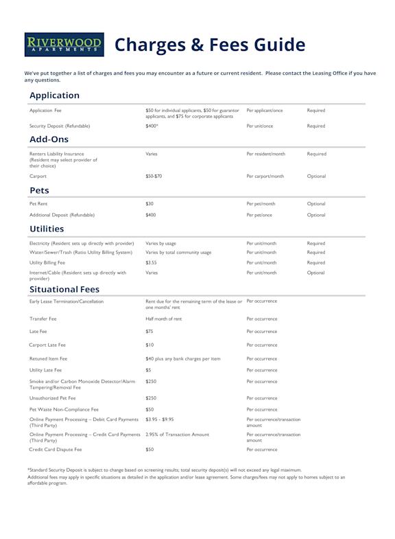 A document titled Charges & Fees Guide from Riverwood Apartments.