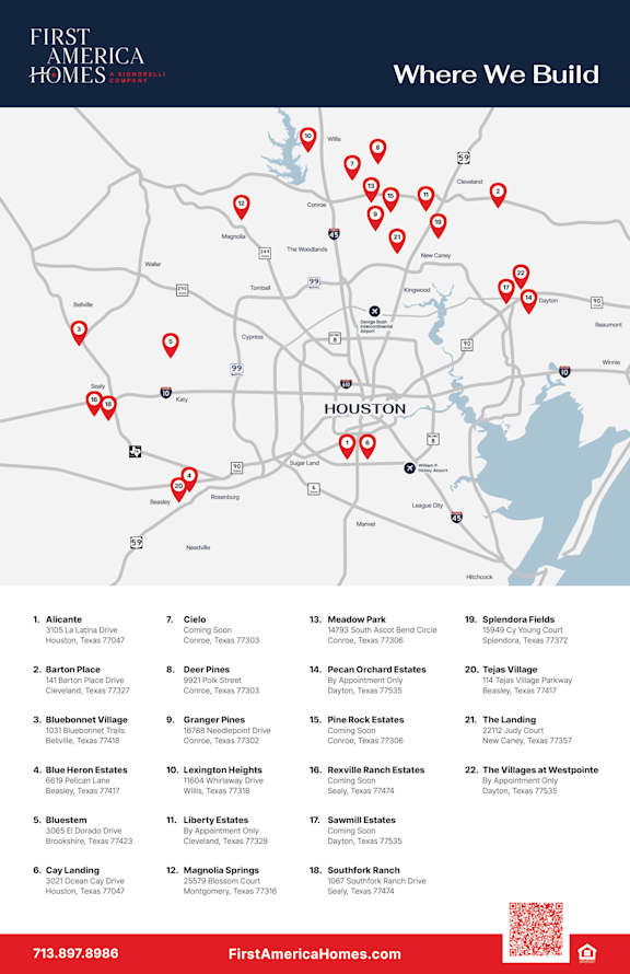 A map showing the locations of First America Homes in Houston.