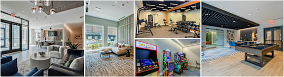 A collage of four different living room interiors.