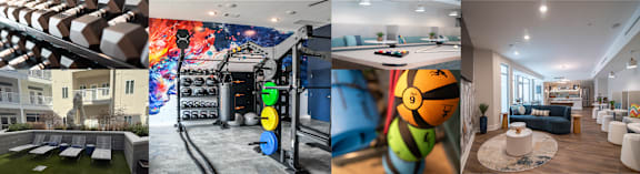 Collage featuring gym gear, pool table, lounge seating, and living area at NOVI in Concord, NC