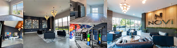 A collage of images showing a modern interior with a sign that reads "NOVI".