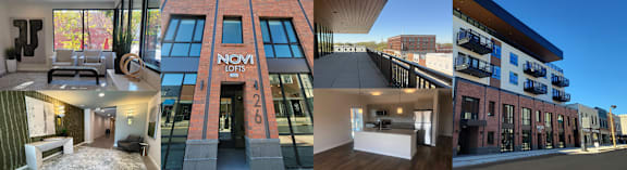 A collage of images showcasing various interior and exterior views of a building named "NOVI LOFTS".