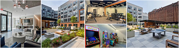 A collage of amenities at The Rail at Bound Brook