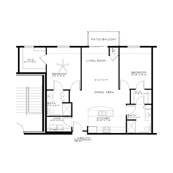 A black and white floor plan of a laredo apartment.