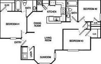 Floor Plan  Timberlake Apartments 3 Bedroom Floorplan with 2 bathrooms, a dining room, a living room, a sunroom, and a kitchen.