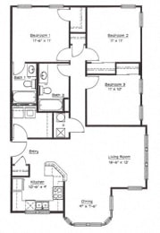 3 bed 2 bath apartments 2D Floorplan-Murphy Park Apartments St. Louis, MO