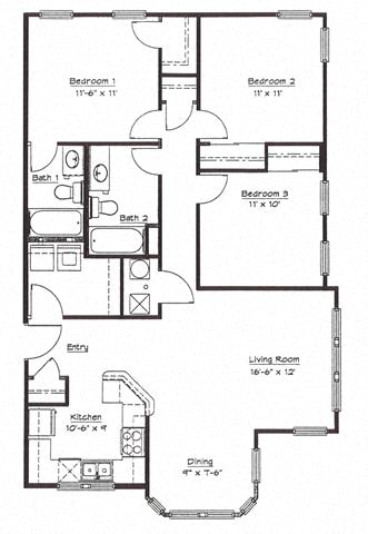 3 Bedroom 2 Bath Townhouse -2D Floorplan-Murphy Park Apartments St. Louis, MO