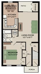 Spacious Berkshire 1-bedroom, 1-bathroom floor plan with a cozy porch, offering a comfortable living experience at New Kent Apartments in West Chester, PA