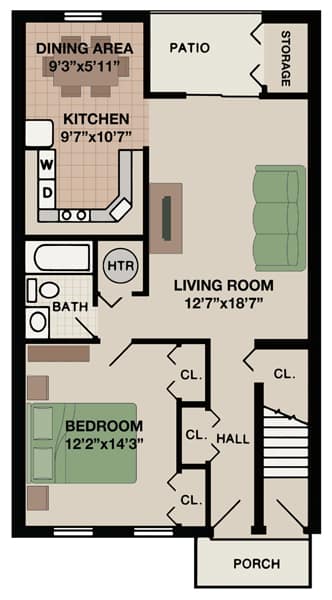 Spacious Berkshire 1-bedroom, 1-bathroom floor plan with a cozy porch, offering a comfortable living experience at New Kent Apartments in West Chester, PA