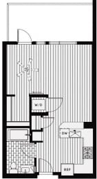 S1 – 0 Bedroom 1 Bath Floor Plan Layout – 567 Square Feet at Vida North Park, San Diego