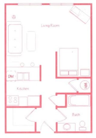 Bonsai studio one bathroom floor plan at Highland Park