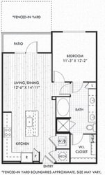 The Romo &#x2B; fenced in yard. 1 bedroom apartment. Kitchen with bartop open to living/dinning rooms. 1 full bathroom double vanity. Walk-in closet. Patio/balcony open to yard.