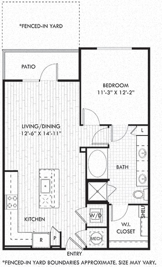 The Romo + fenced in yard. 1 bedroom apartment. Kitchen with bartop open to living/dinning rooms. 1 full bathroom double vanity. Walk-in closet. Patio/balcony open to yard.