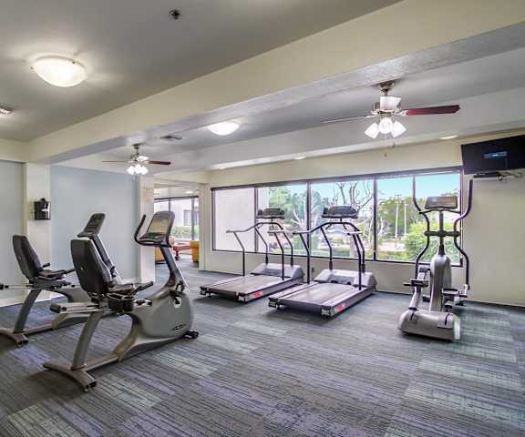 a gym with exercise machines and a window