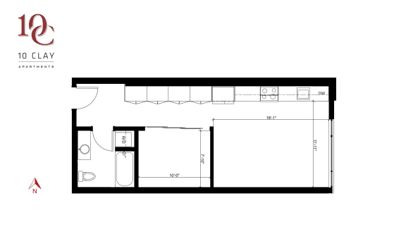 Open 1 Bed 1 Bath Floor Plan at 10 Clay Apartments, Washington
