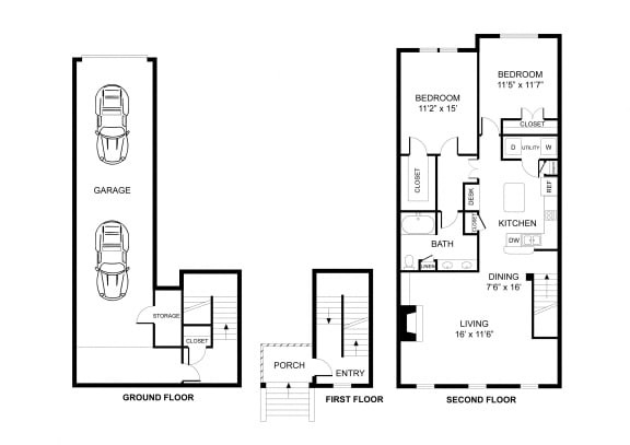 Floor Plan  Two bedroom, one bathroom, town home, walk in closet, laundry room, hvac room, pantry, living room, kitchen.THE STANFORD floor plan, 1143 square feet.