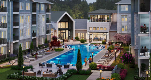 a rendering of an apartment complex with a swimming pool