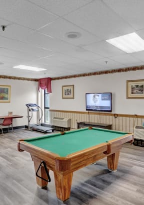 a games room with a pool table and ping pong table