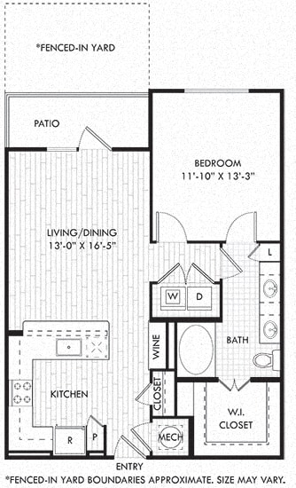 The Witten + fenced in yard. 1 bedroom apartment. Kitchen with bartop open to living/dinning rooms. 1 full bathroom double vanity. Walk-in closet. Patio/balcony open to yard.