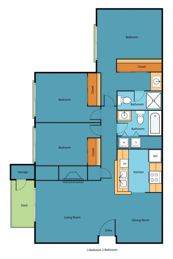 3 Bed 2 Bath Floor Plan at Serra Vista Apartment Homes, Lynnwood, 98087