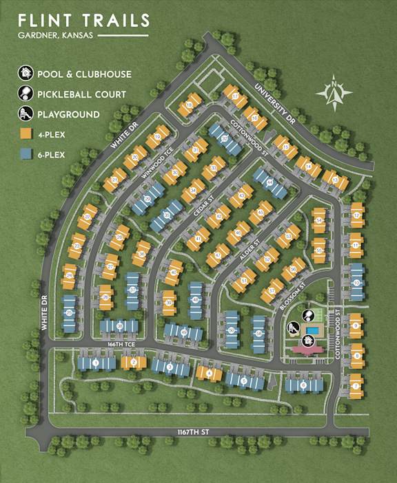 A map of Flint Trails Gardner, Kansas, showing the layout of the community.
