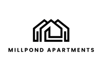 A black and white image of a house with the words "Millpond Apartments" written below it.