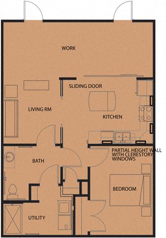 1 Bedroom 1 Bath 2D Floorplan - Live Work Units_North Sarah Apartments, St. Louis, MO