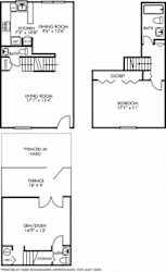 Asbury with Fenced-in Yard. 1 bedroom townhouse with den. Kitchen with bartop open to dinning room. 1 full bathroom + 2 powder rooms. Patio/balcony open to yard.