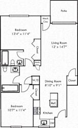 The Hawthorne. 2 bedroom apartment. Kitchen with bartop open to living/dinning room. 2 full bathroom. large closets. Patio/balcony.