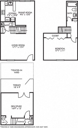 Asbury with Fenced-in Yard Asbury with Fenced-in Yard. 1 bedroom townhouse with den. Kitchen with bartop open to dinning room. 1 full bathroom + 2 powder rooms. Patio/balcony open to yard.