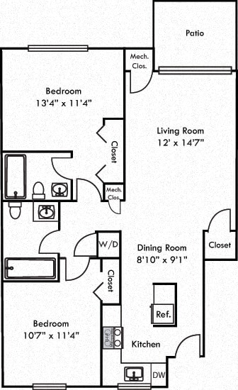 The Hawthorne. 2 bedroom apartment. Kitchen with bartop open to living/dinning room. 2 full bathroom. large closets. Patio/balcony.
