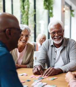 A group of seniors playing a board game together.