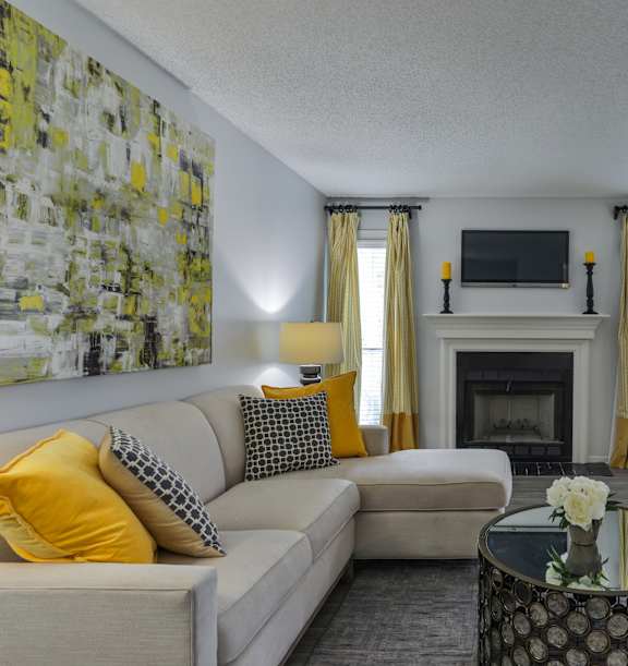 A living room with a fireplace and a television.