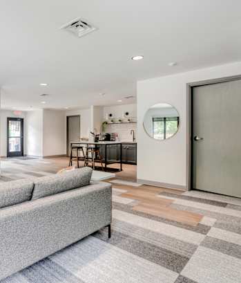 a living room with a gray couch and a checkered rug