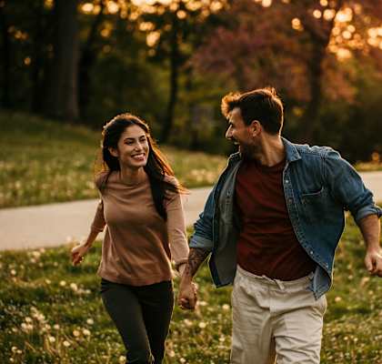 A man and a woman are running hand in hand in a park.