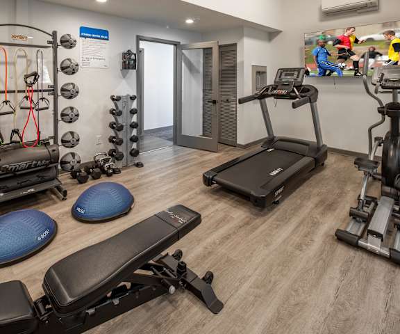 A gym with a treadmill, weights, and exercise balls.