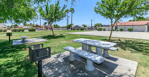 two picnic tables and a grill in a park at Tides at Mesa, Mesa, AZ, 85204