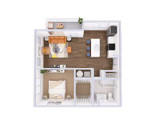 A top-down view of a small, neatly organized apartment with a kitchen, living room, and bedroom.