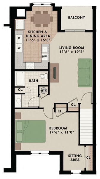 One-bedroom, one-bathroom Breckenridge apartment floor plan at New Kent Apartments in West Chester, PA, featuring a private balcony for relaxation and outdoor enjoyment