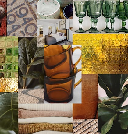 A collage of various images including plants, glassware, and textiles.
