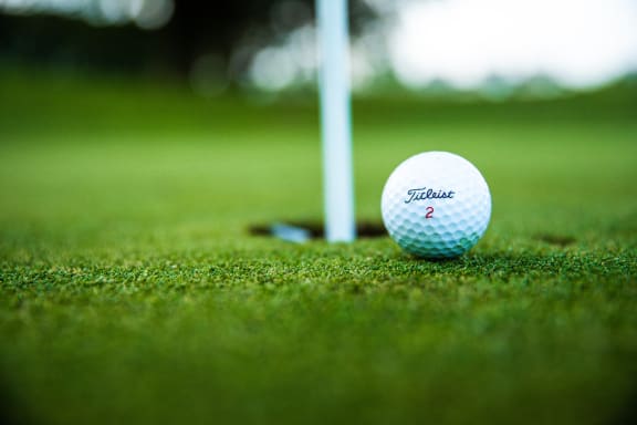 a golf ball sits next to a hole on the field