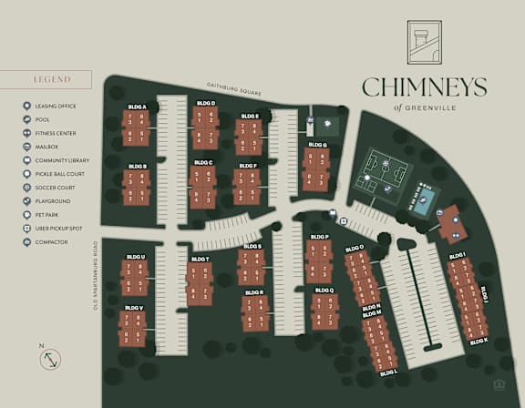 A map of Chimneys of Greenville showing the layout of the building and surrounding areas.