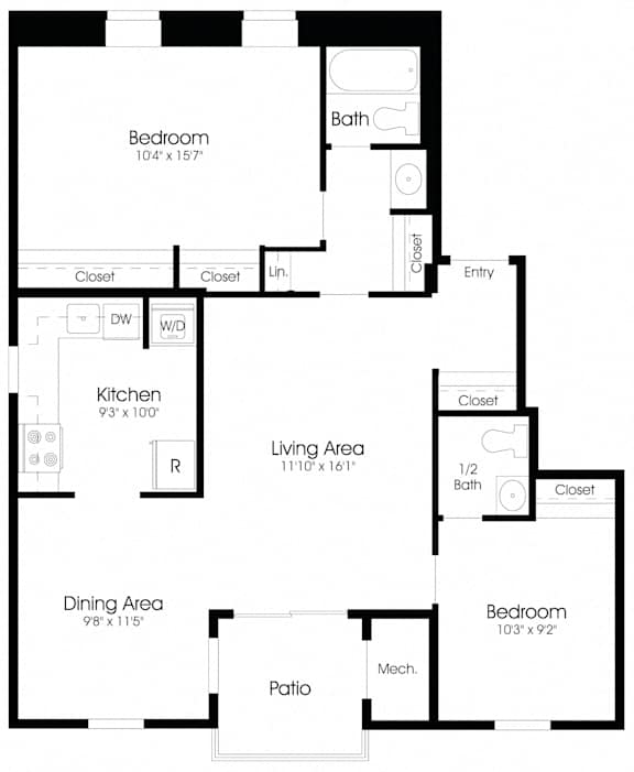 2 Bed 2 bath Floor Plan at The Apartments at Hunters Glen, Frederick