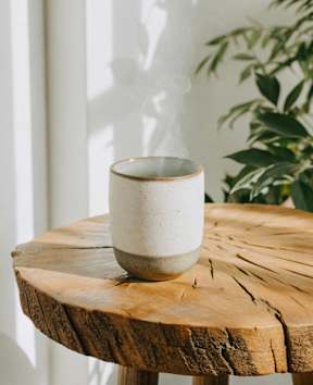 A white mug sits on a wooden stump in front of a plant.