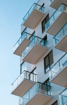 a close up of the balconies on the side of a building