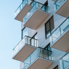 a close up of the balconies on the side of a building