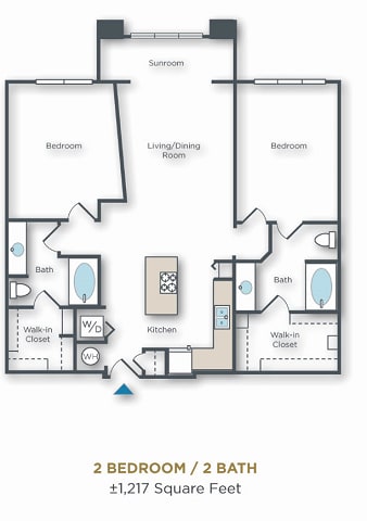Floor Plan  2 bed 2 bath with large walk in closets, sunroom, and kitchen island 1217 sqft