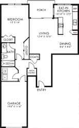 Autumn Hill + Attached Garage. 1 bedroom apartment. Kitchen with bartop open to living & dinning rooms. 1 full bathroom. Two closets in bedroom. Patio/balcony.