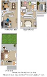 Covington with Fenced-in Yard. 3 bedroom townhome + den. Kitchen with bartop open to living/dinning rooms. 2 full bathrooms + 2 powder rooms. Patio/balcony open to yard.