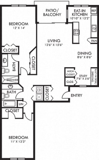 Suntree. 2 bedroom apartment. Kitchen with eating area. Study area. 2 full bathrooms, shower stall in master. Two closets in master. Patio/balcony.